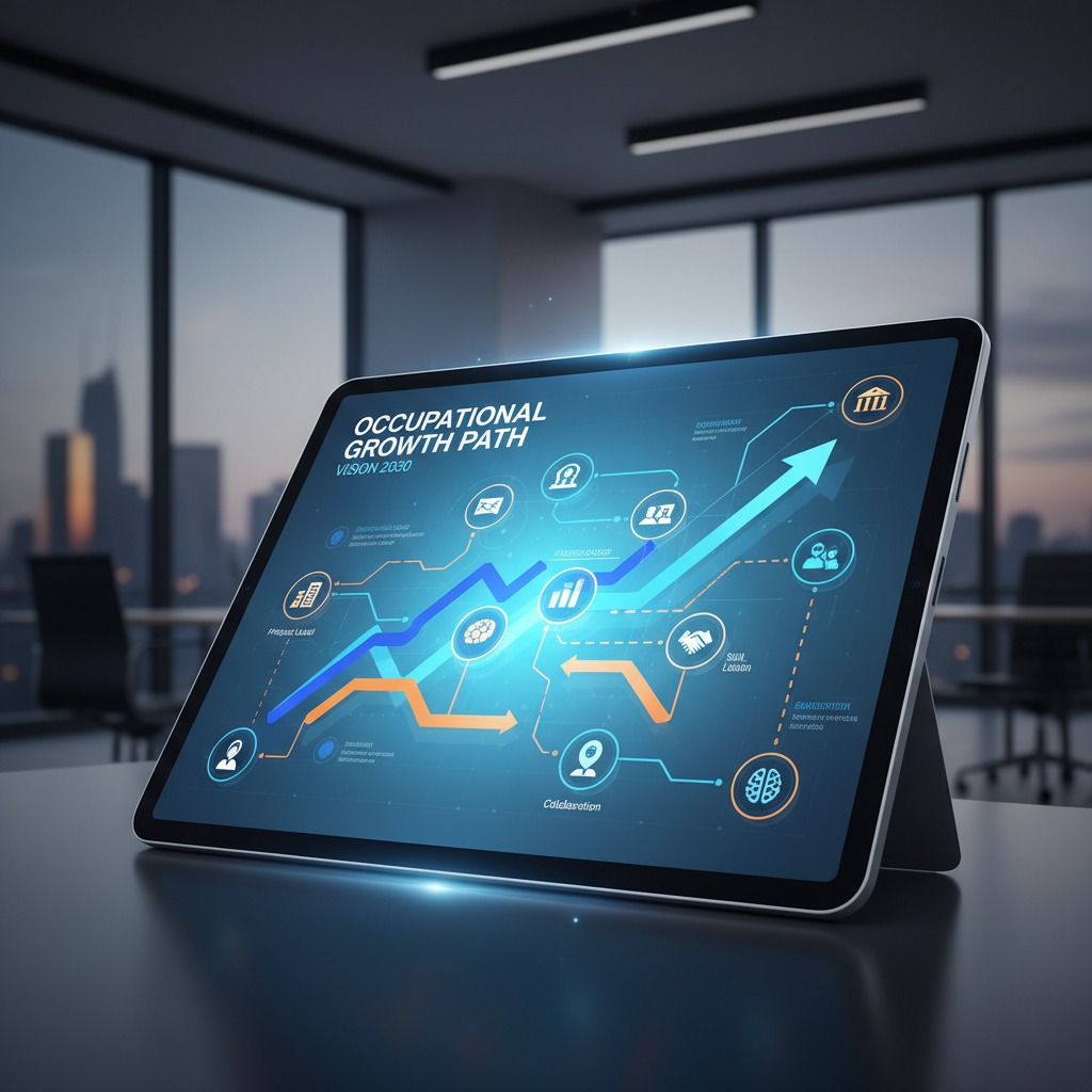 A tablet on a desk displays an interactive business growth chart with rising blue and orange trend lines.